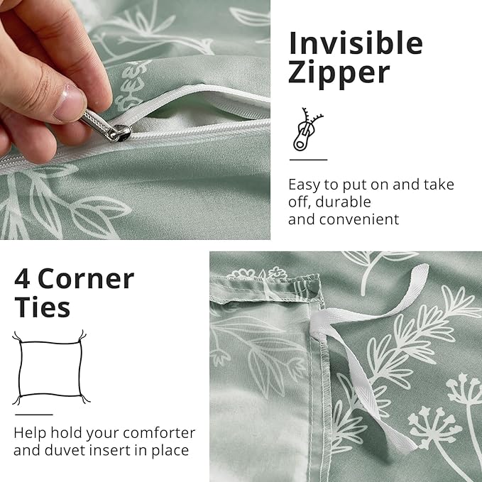 Duvet Cover Queen Size, Reversible Floral Green Duvet Cover Set with Zipper Closure, 3 Pieces Botanical Patterns Soft Microfiber Bedding Set with 4 Ties (90"x90", 2 Pillow Cases)