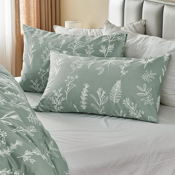 Duvet Cover Queen Size, Reversible Floral Green Duvet Cover Set with Zipper Closure, 3 Pieces Botanical Patterns Soft Microfiber Bedding Set with 4 Ties (90"x90", 2 Pillow Cases)