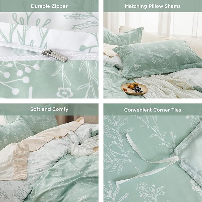 Duvet Cover Queen Size - Reversible Green Queen Duvet Cover Set with Zipper Closure, 3 Pieces Floral Patterned Bedding Set with 8 Corner Ties and 2 Pillow Shams