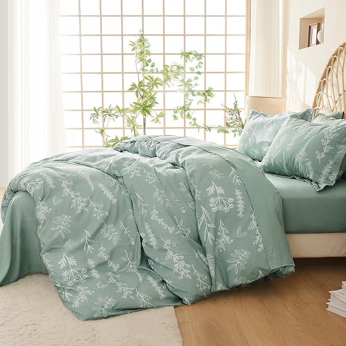 Duvet Cover Queen Size, Reversible Floral Green Duvet Cover Set with Zipper Closure, 3 Pieces Botanical Patterns Soft Microfiber Bedding Set with 4 Ties (90"x90", 2 Pillow Cases)