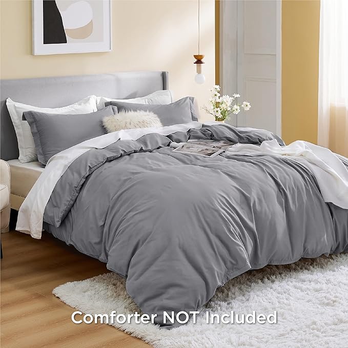 Duvet Cover Queen Size - Soft Double Brushed Bedding Set for Kids & Adults, Zipper Closure, 3 Pieces, Includes 1 Duvet Cover (90"x90") & 2 Pillow Shams, NO Comforter, Grey