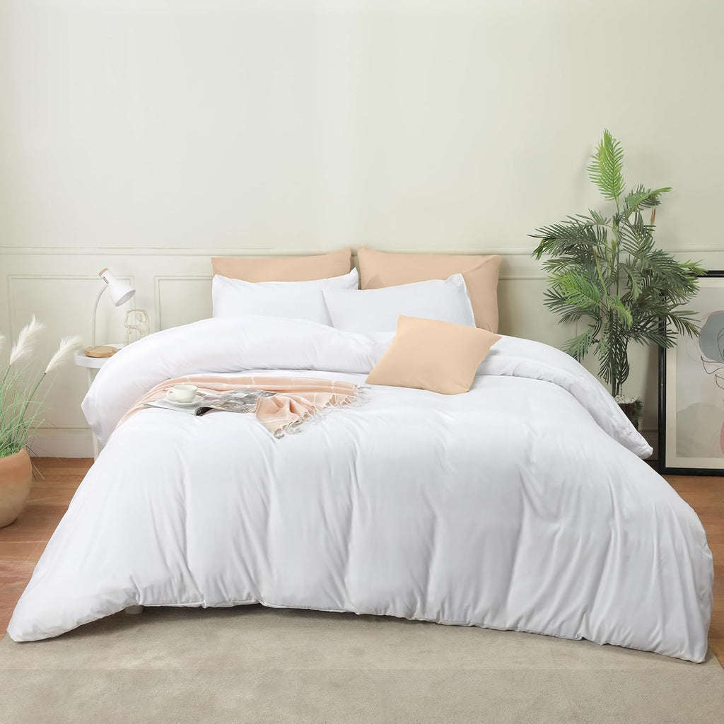 Duvet Cover Set with Pillowcases - 3 Pieces Bedding Duvet Cover with Zipper Closure - 1 Duvet Cover with 2 Pillowcases - Soft Brushed Microfiber (Queen, White)