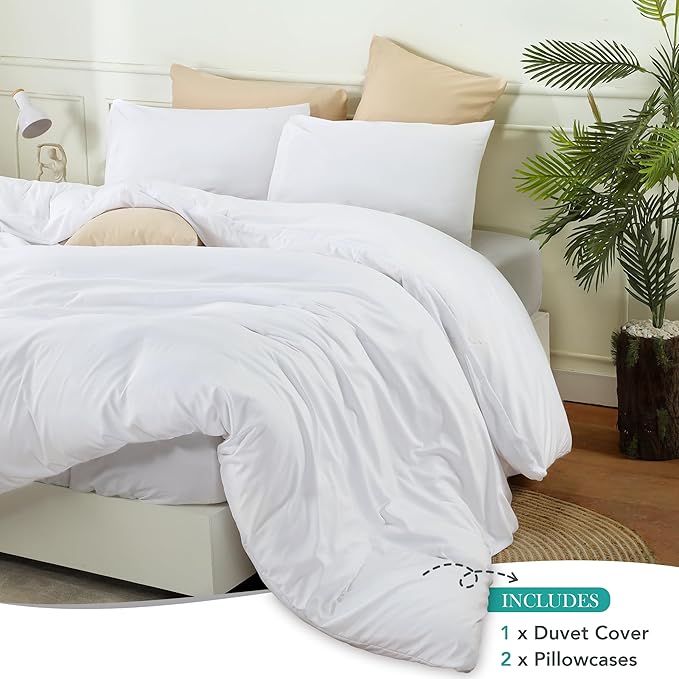 Duvet Cover Set with Pillowcases - 3 Pieces Bedding Duvet Cover with Zipper Closure - 1 Duvet Cover with 2 Pillowcases - Soft Brushed Microfiber (Queen, White)