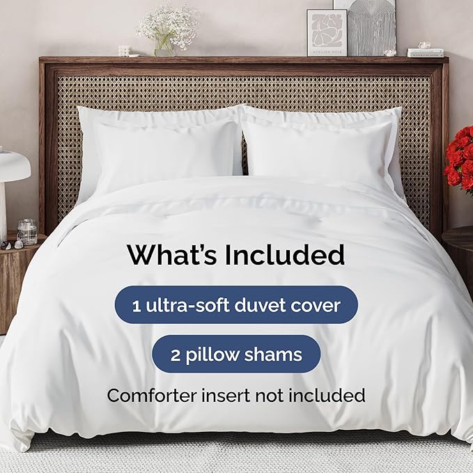 Duvet Cover Queen Size Set - Extra Soft Queen Size Duvet Cover 90 x 90 with 2 Pillow Shams - Hotel Luxury, Easy Care and Fade Free with Zipper Closures & Ties - Comfy, Breathable Bedding Set (White)