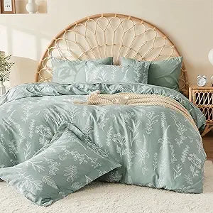 Duvet Cover Queen Size, Reversible Floral Green Duvet Cover Set with Zipper Closure, 3 Pieces Botanical Patterns Soft Microfiber Bedding Set with 4 Ties (90"x90", 2 Pillow Cases)