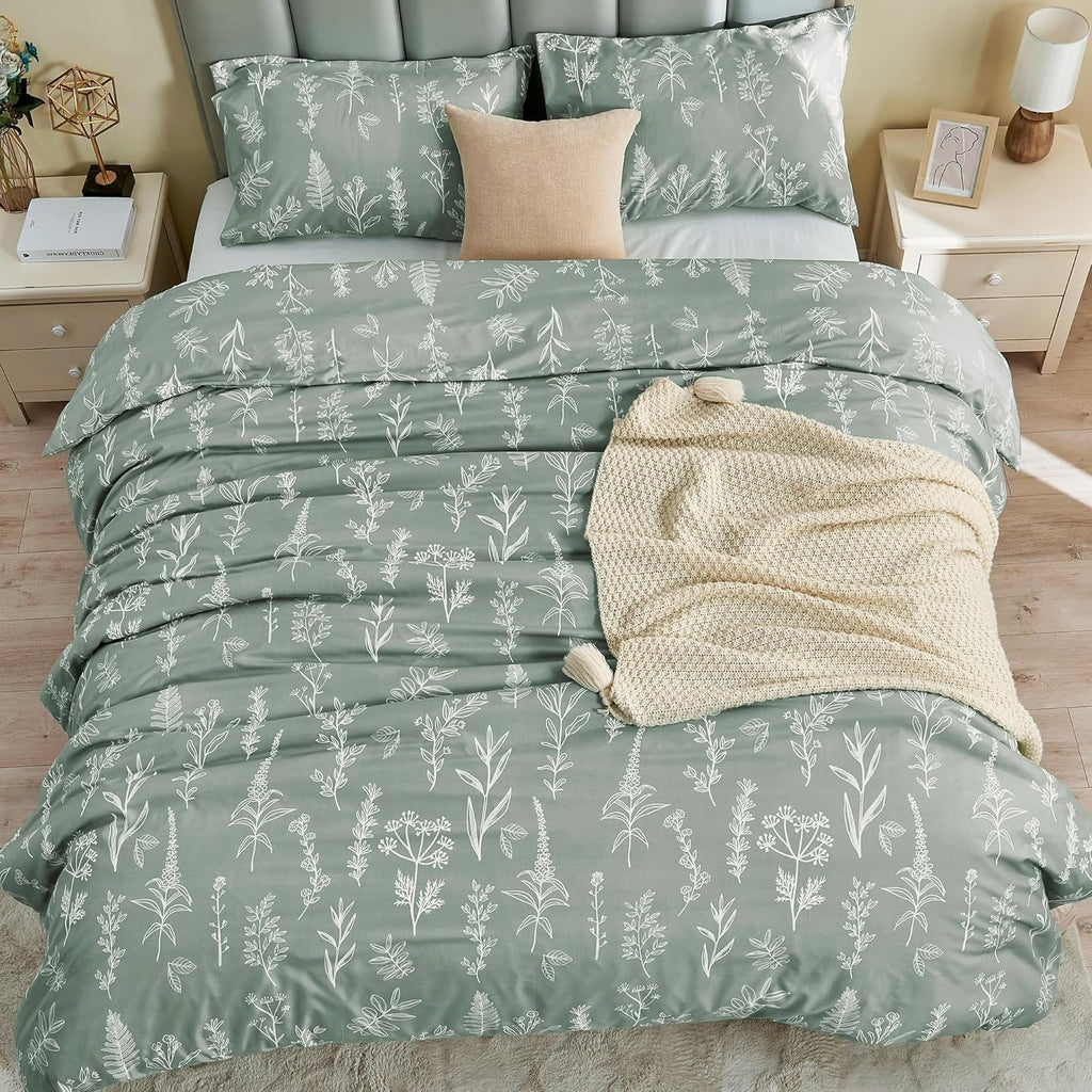Duvet Cover Queen Size, Reversible Floral Green Duvet Cover Set with Zipper Closure, 3 Pieces Botanical Patterns Soft Microfiber Bedding Set with 4 Ties (90"x90", 2 Pillow Cases)