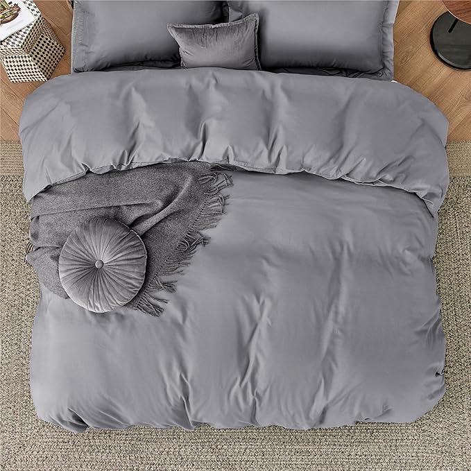 Duvet Cover Queen Size - Soft Double Brushed Bedding Set for Kids & Adults, Zipper Closure, 3 Pieces, Includes 1 Duvet Cover (90"x90") & 2 Pillow Shams, NO Comforter, Grey