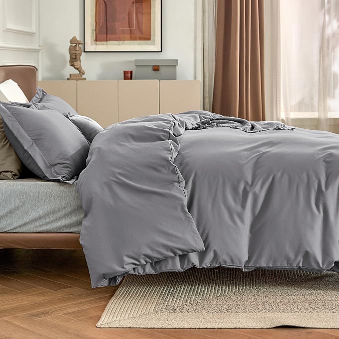 Duvet Cover Queen Size - Soft Double Brushed Bedding Set for Kids & Adults, Zipper Closure, 3 Pieces, Includes 1 Duvet Cover (90"x90") & 2 Pillow Shams, NO Comforter, Grey